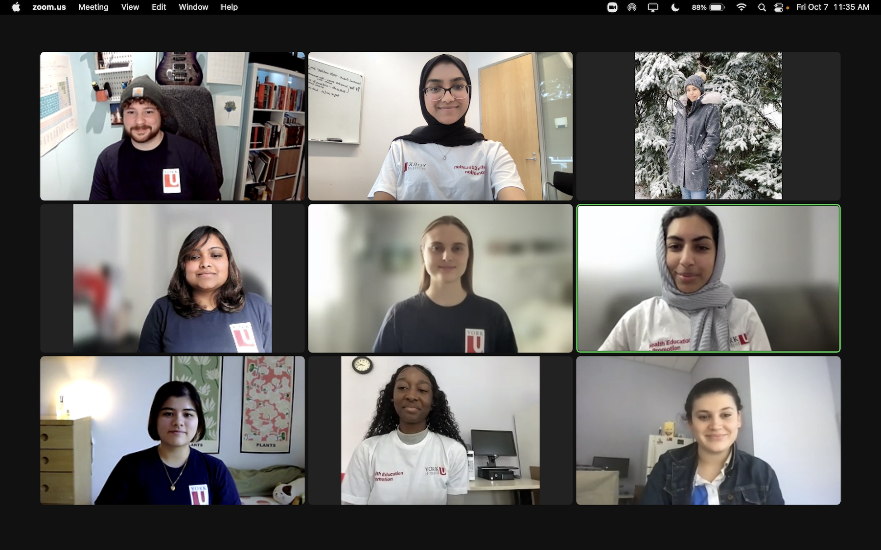 Screenshot of Zoom video conferencing interface with members of Health Education & Promotion team in individual squares